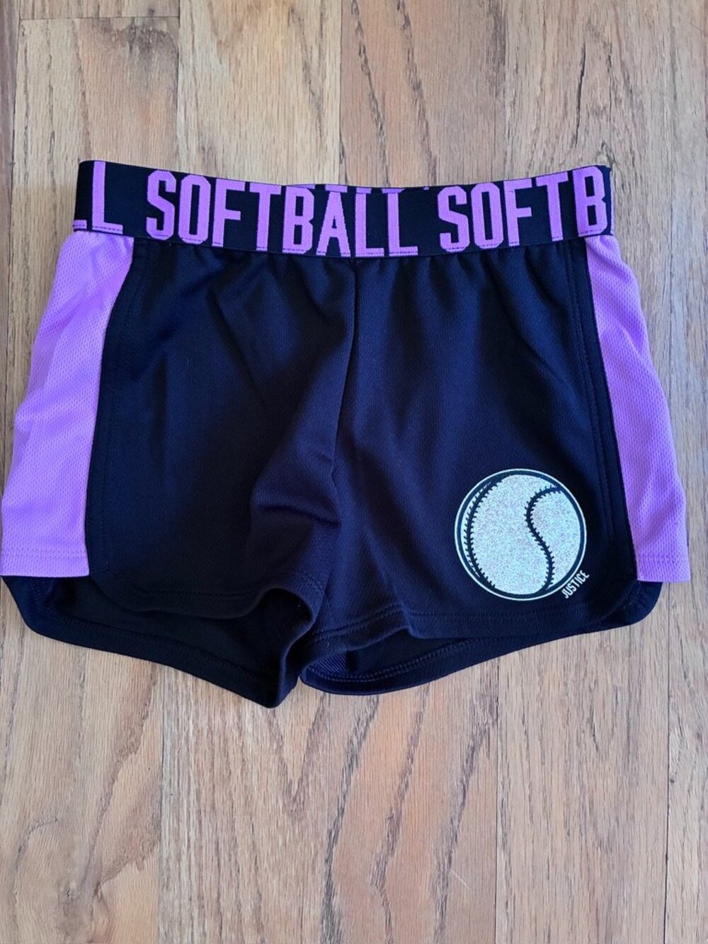 Justice Active Girls Softball Mesh Shorts Black Purple Size 6/7